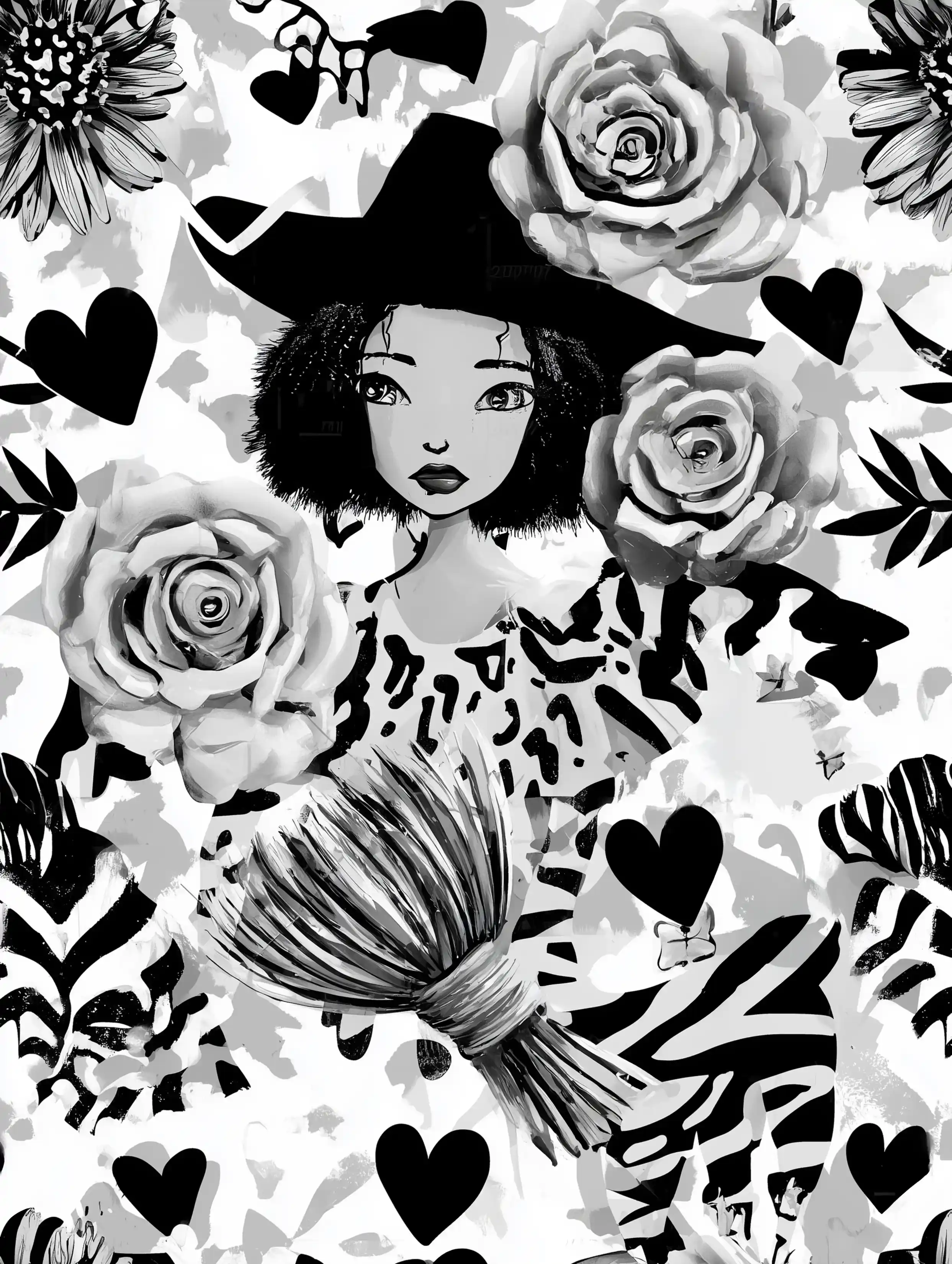 Free printable witch coloring page for adults featuring a broom in front of a witch